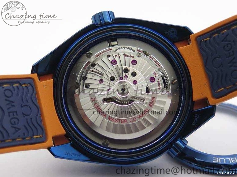 0818 FreshLook Planet Ocean 45mm GMT Blue DLC Black OMF Best Edition Blue Dial On Blue Gummy Strap A 8123